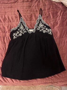 Black Embroidered Lace-Trim Cami Top